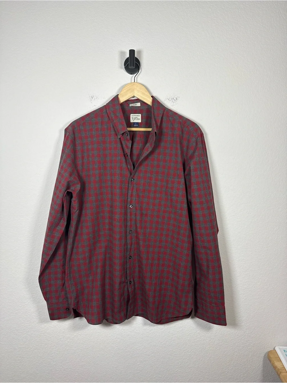 J.Crew Mens Slim Plaid Button Down Shirt Red Gray Size L